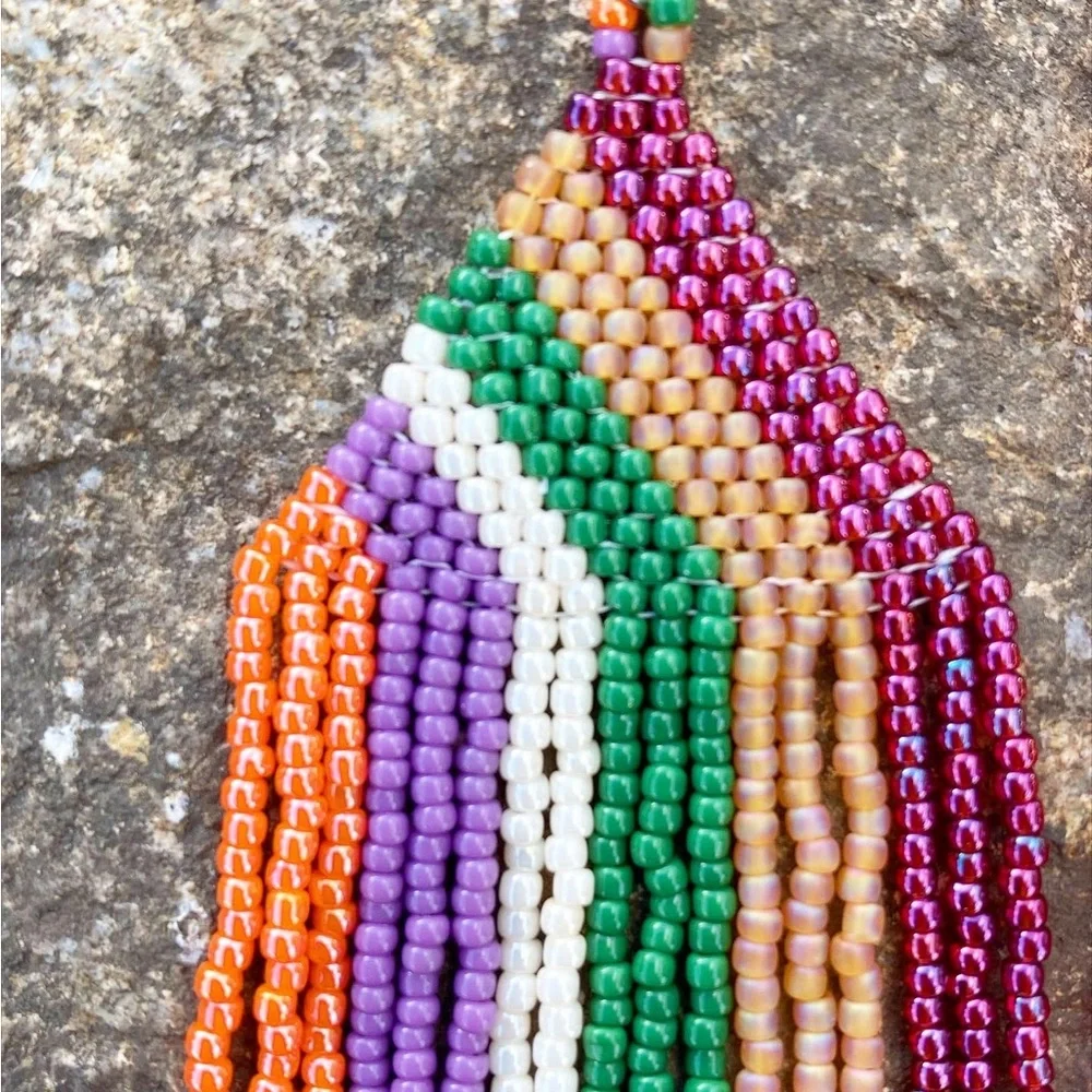 Handcrafted boho fringe beaded long earrings multicolored shoulder dusters - Picture 3 of 6